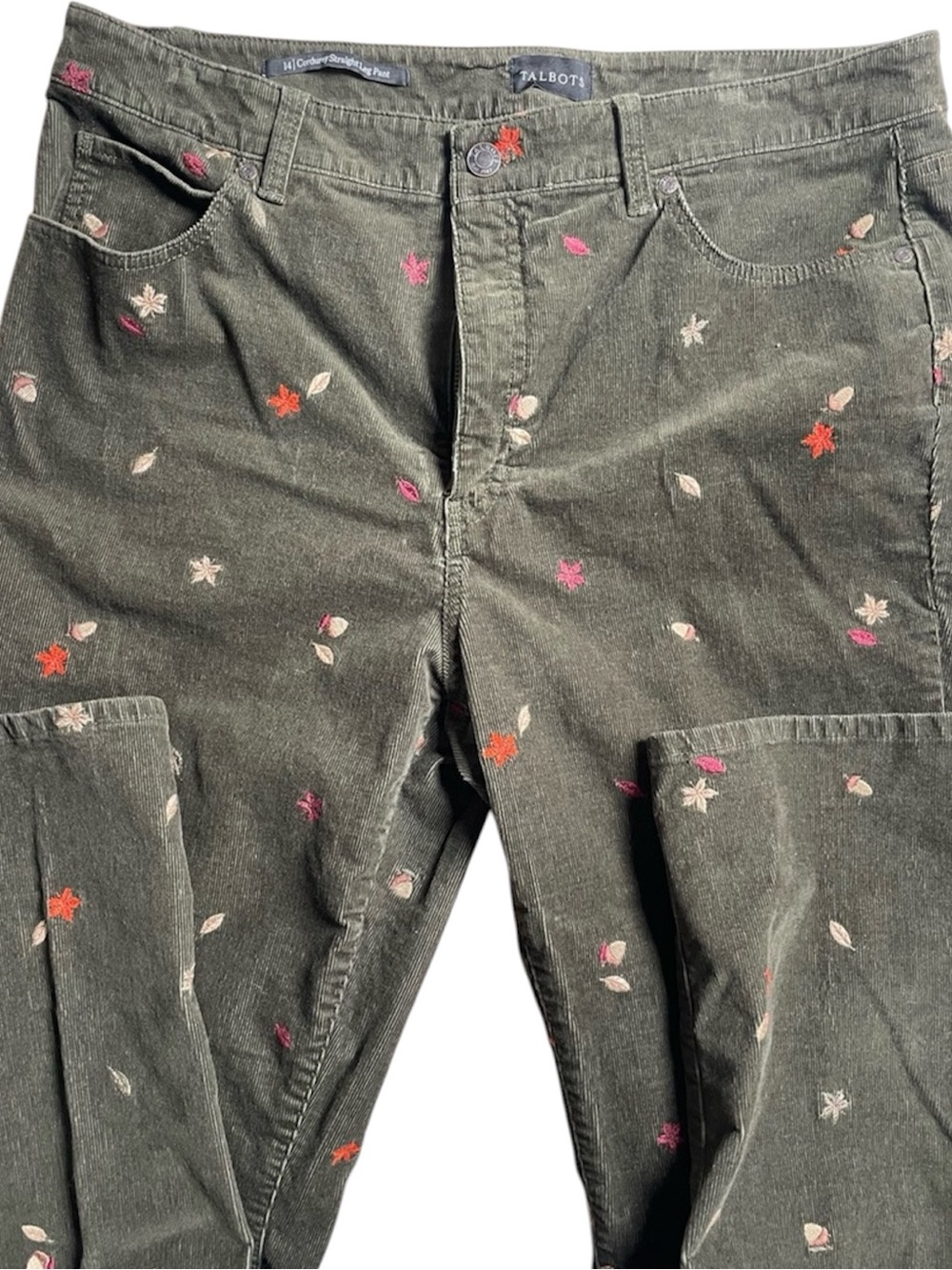 Talbots Olive Green Corduroy Straight-Leg Jeans with Floral Embroidery